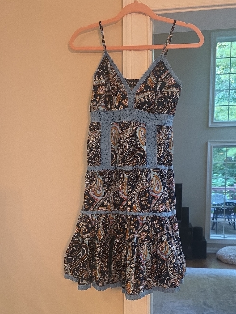 Paisley Tiered Mini Dress with Light Blue Trim